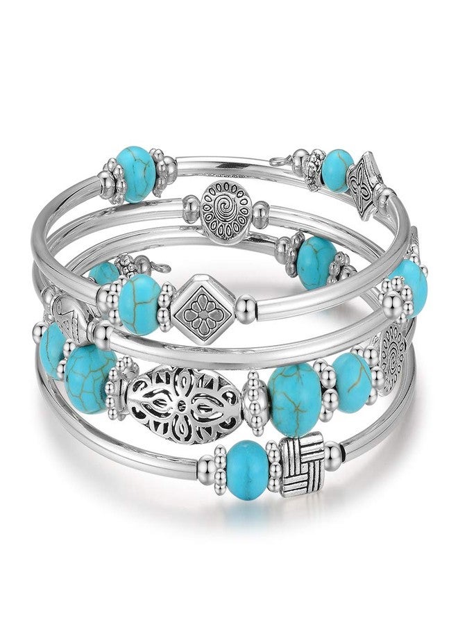 BULINLIN Layered Wrap Bangle Turquoise Bracelet - Bead Bracelet with Natural Agate Stone, Gifts For Women (01-Turquoise) - Image 1